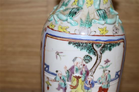 A Chinese crackle glaze bowl and jar, a pair of famille rose vases and two stone china plates